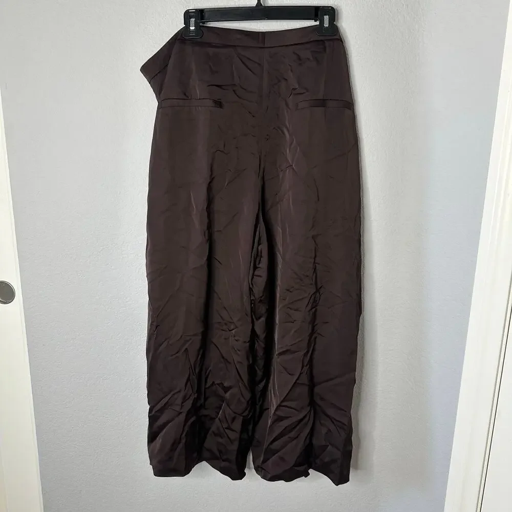 NWT Vince Satin Wide Leg Pants Women's Size 20 Brown Cropped Pleated High Rise - Picture 2 of 7